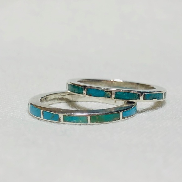Jewelry - Two Silver Rings Bands Full Wrap Inlay Turquoise